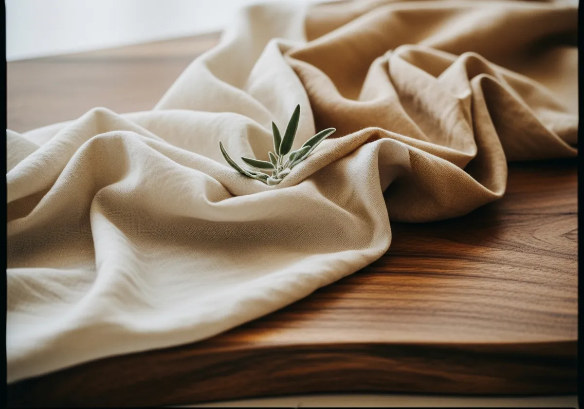 Softly draped linen with a small sage sprig on a walnut table, a calm, natural scene for self-care between massage sessions at home.