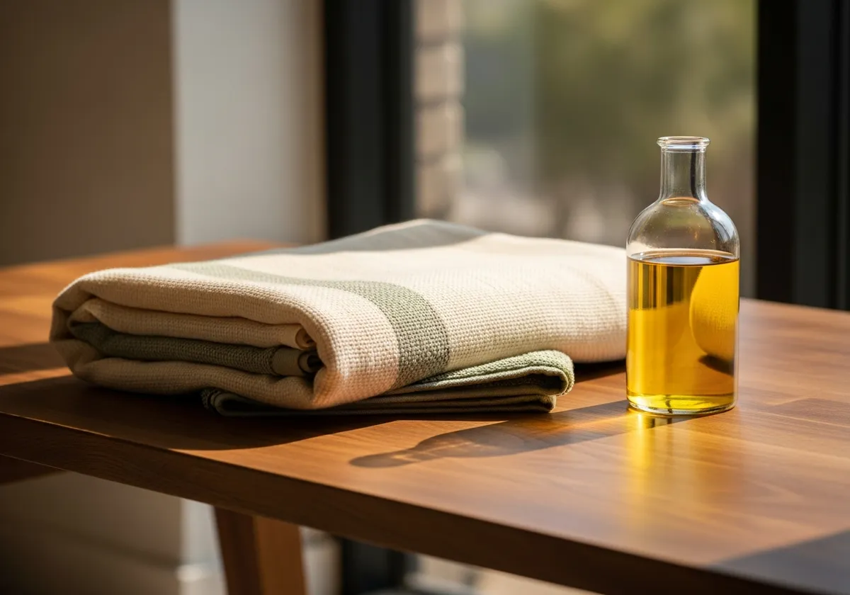 A folded towel and a bottle of massage oil on a sunlit table, the calm home setup to expect before a first mobile massage visit.